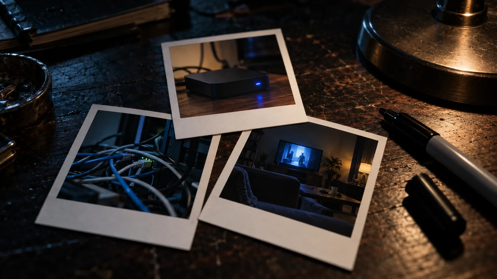 Polaroids of TV boxes on a dark desk
