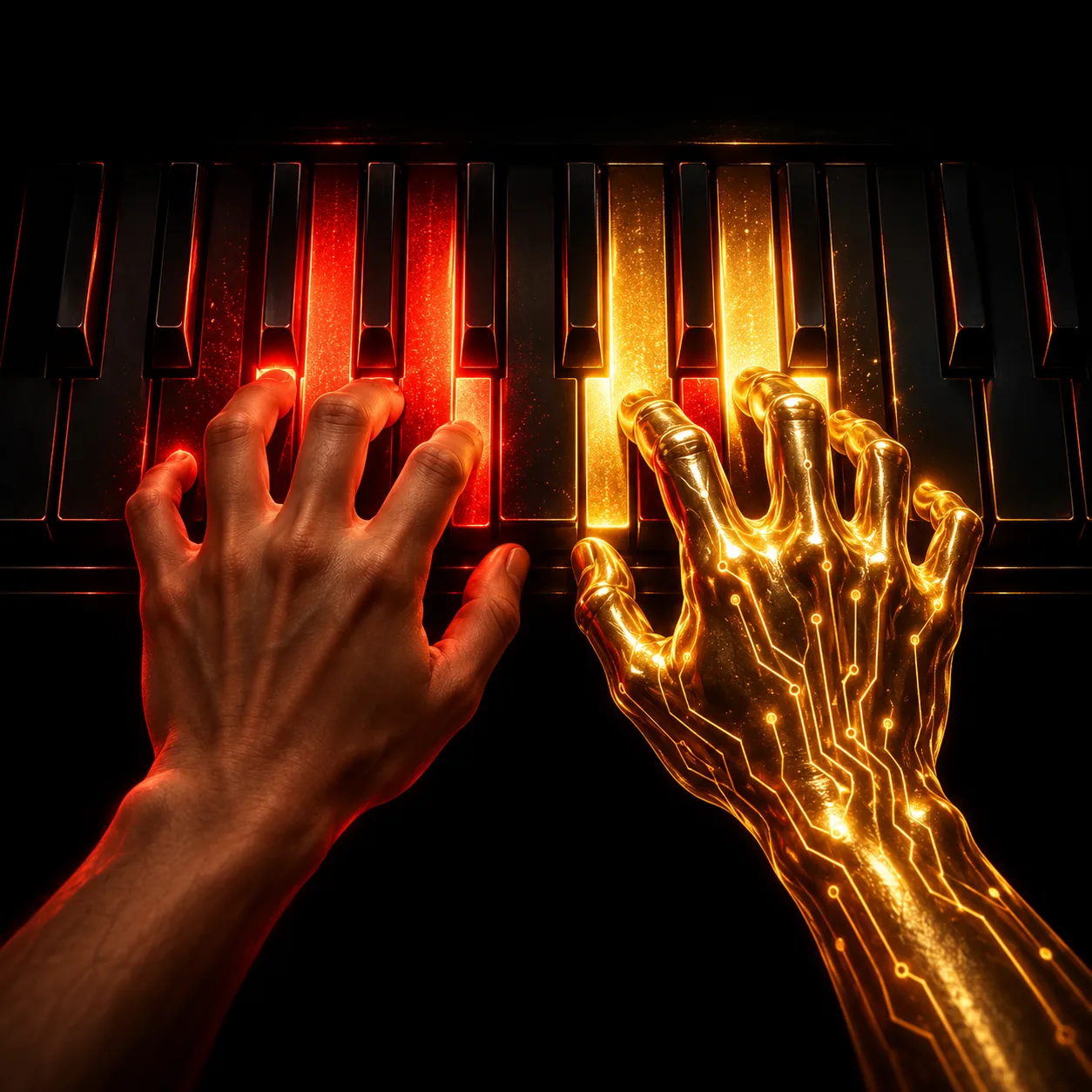 A human hand and a gold circuit hand play the same piano keys
