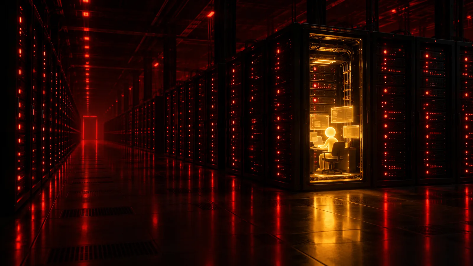 A figure of gold light works inside one lit server rack in a dark data center