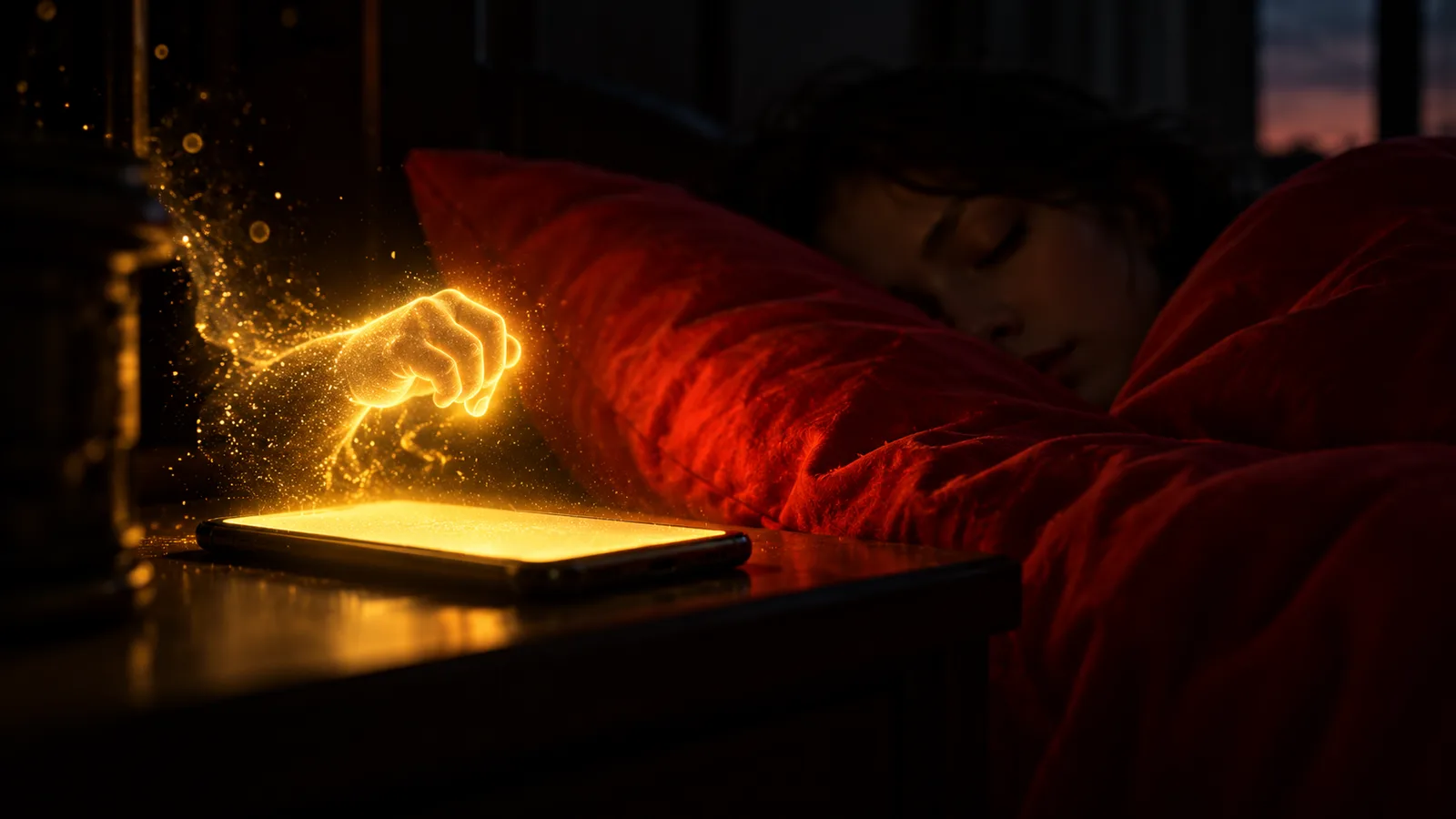 A gold hand of light knocks above a glowing phone next to a sleeping person